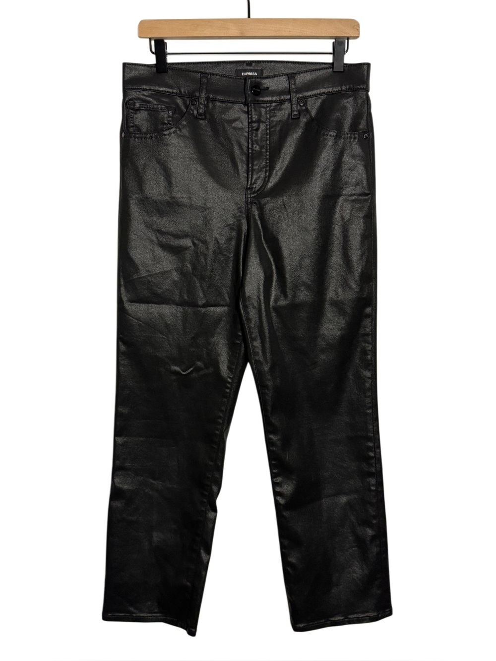 WJ45 {Express} "Straight Ankle High Rise" Black Coated Mom Cheeky Denim Jeans